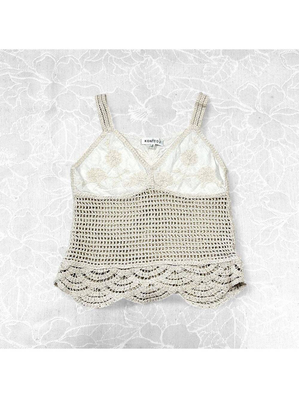 Kontrol Contemporary Beige Crochet Vintage Knit Tank Top - Size S